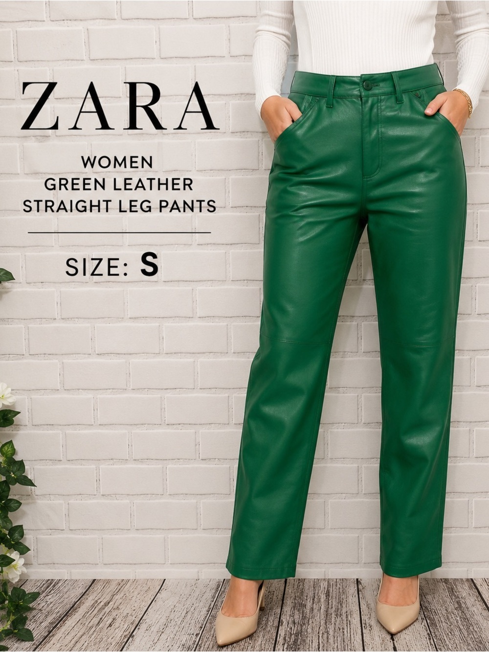 ZARA Green Faux Leather Straight Leg Pants Women’s Size S